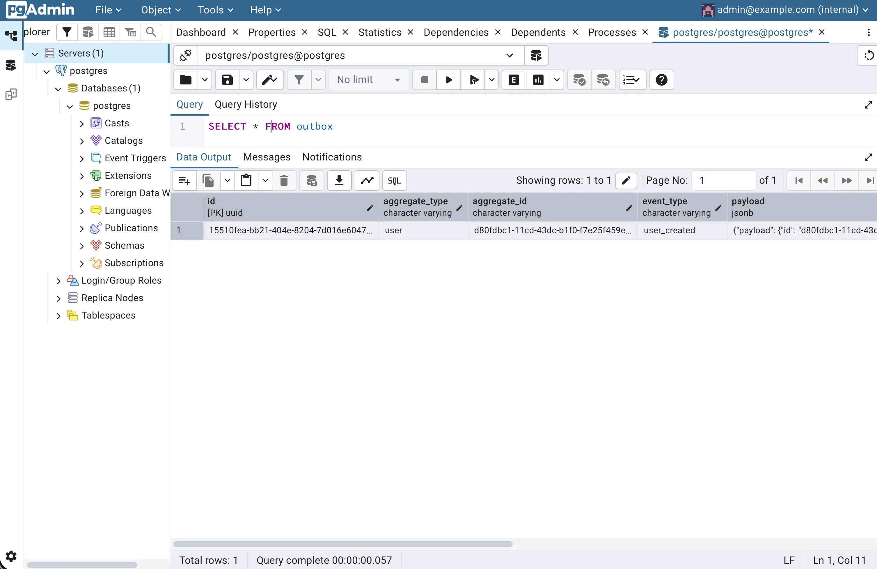 PostgreSQL 'outbox' table.