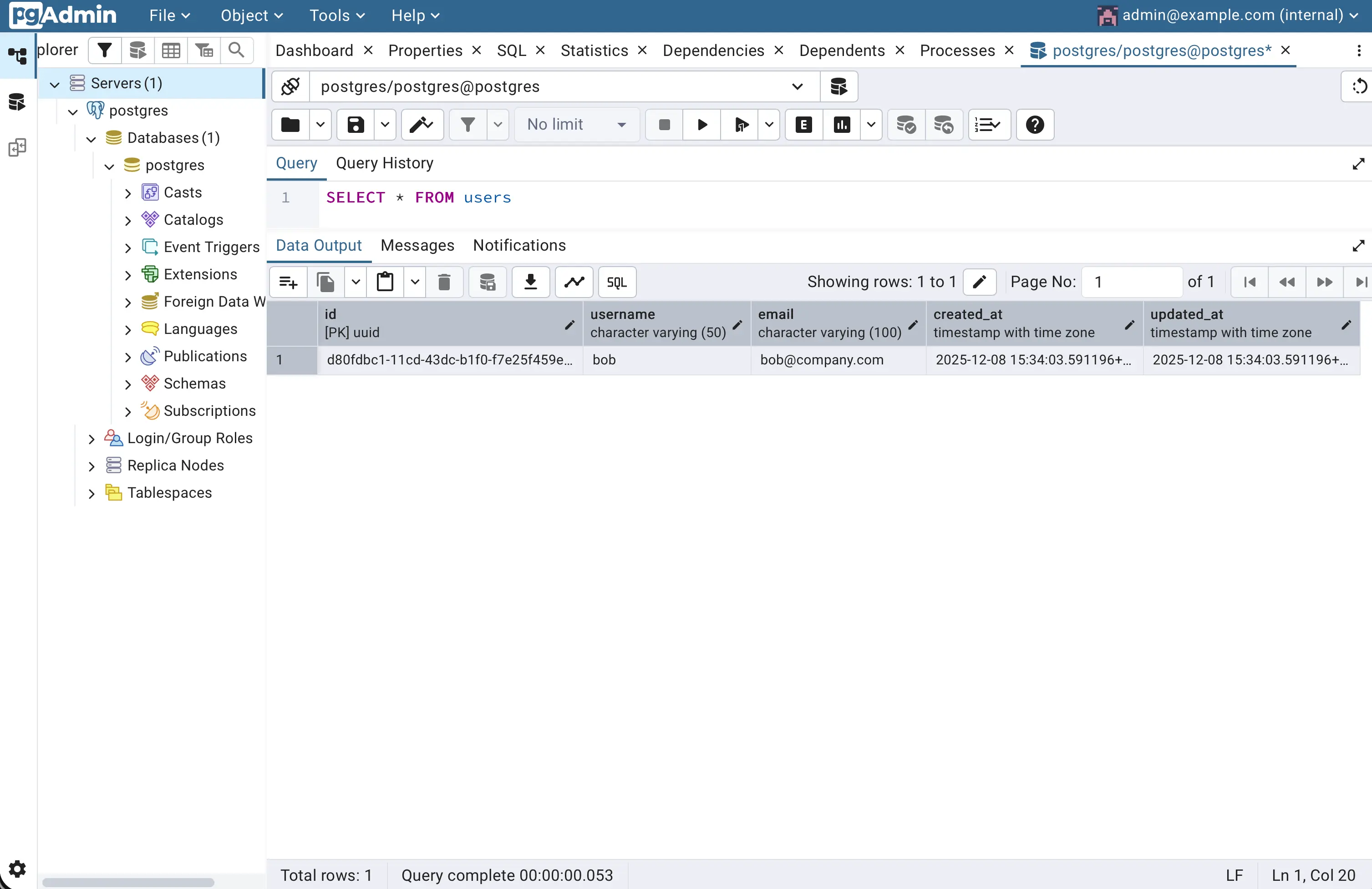 PostgreSQL 'users' table.