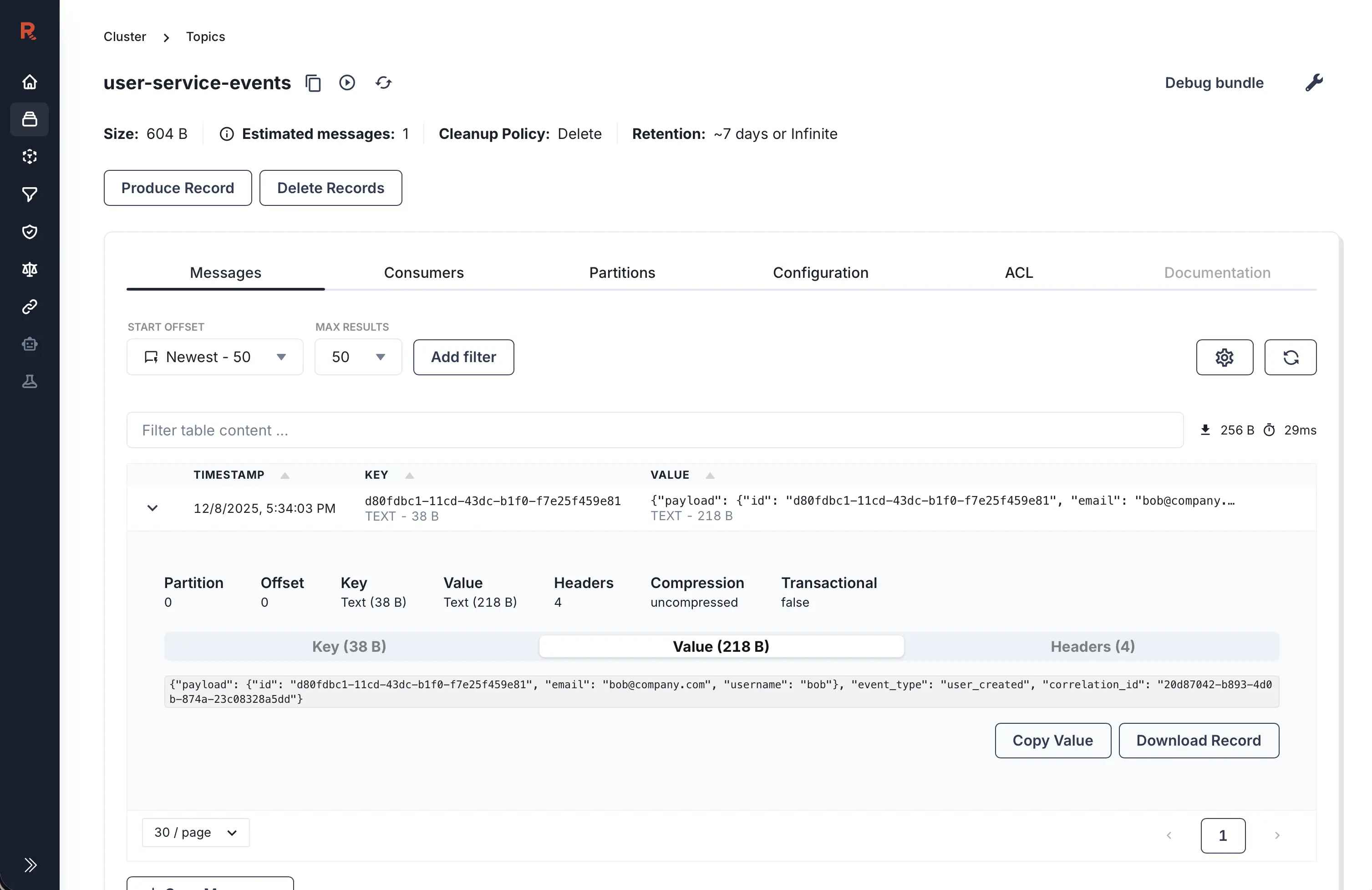 Redpanda 'user-service-events' topic.