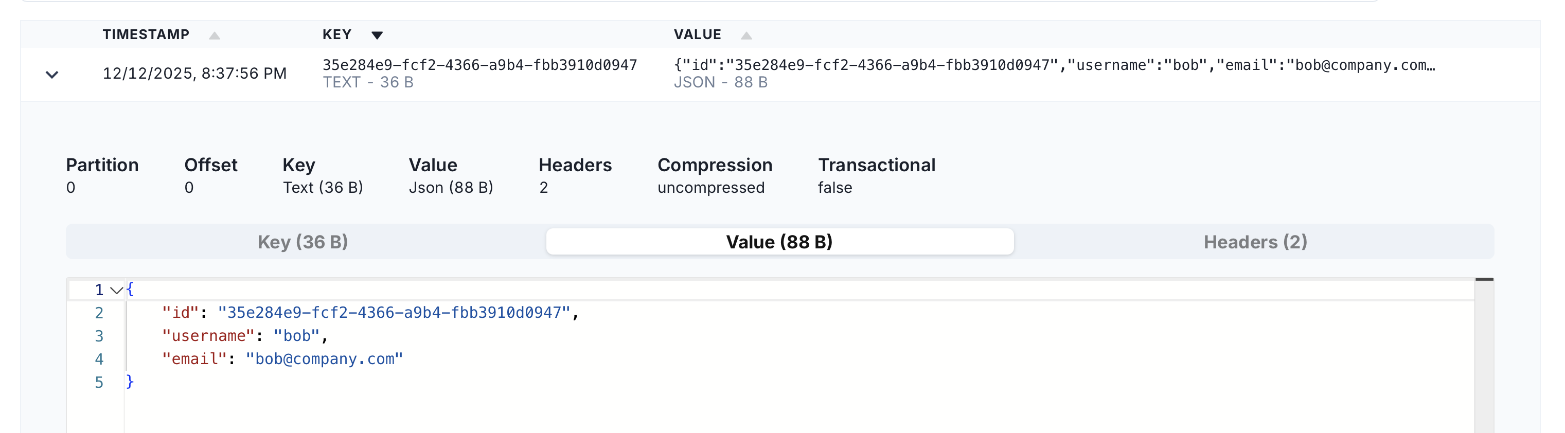 Kafka 'user_created' event value.