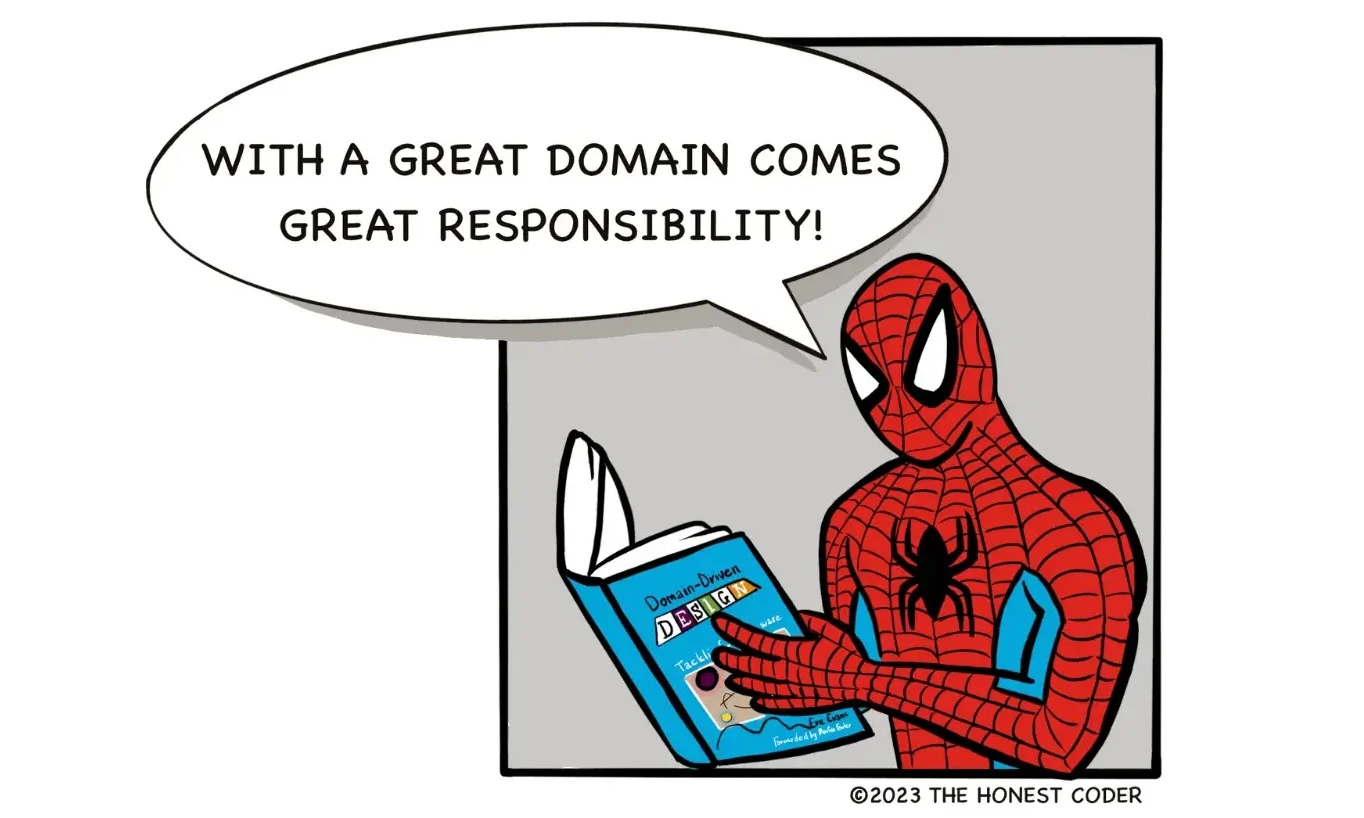 Spider-Man reading "Domain-Driven Design: Tackling Complexity in Heart of Software" by Eric Evans.